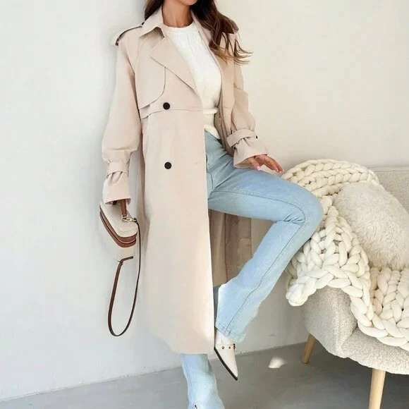 Khaki Elegant Women's Cinched Waist Double Breasted Mid-Length Trench Coat - Picture 4 of 8